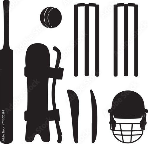 Black silhouette cricket equipment on white background