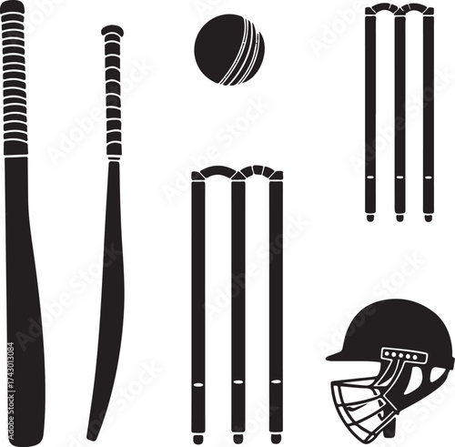 Black silhouette cricket equipment on white background