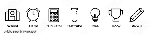From Alarms to Ideas  Icons set vector illustration with School, Alarm, Calculator, Test tube, Idea, Tropy, Pencil