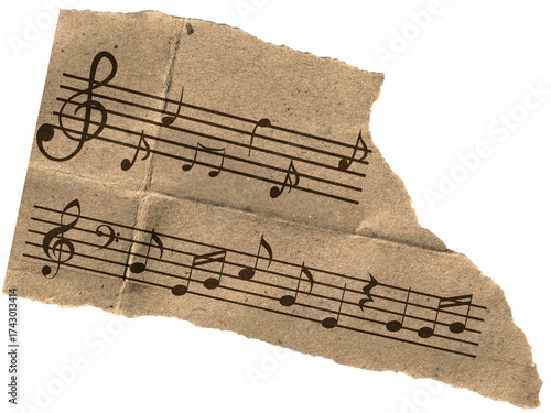 Scrap of old music sheet, vintage yellowed ripped paper with notes isolated for design - 1