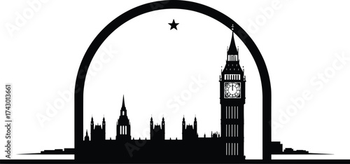 Beautiful Big Ben London skyline silhouette vector illustration, famous landmark design, historic architecture, travel destination, cultural heritage, city tourism art