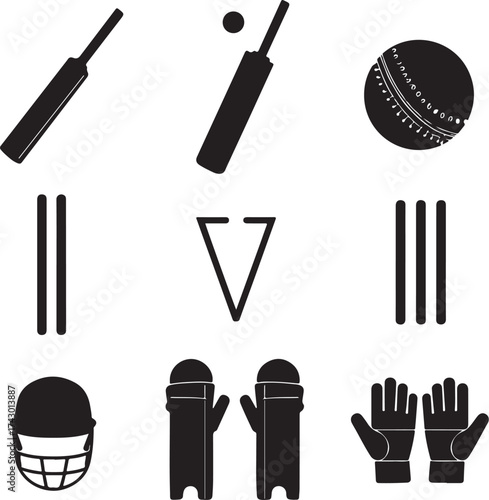 Black silhouette icons of cricket equipment on white background