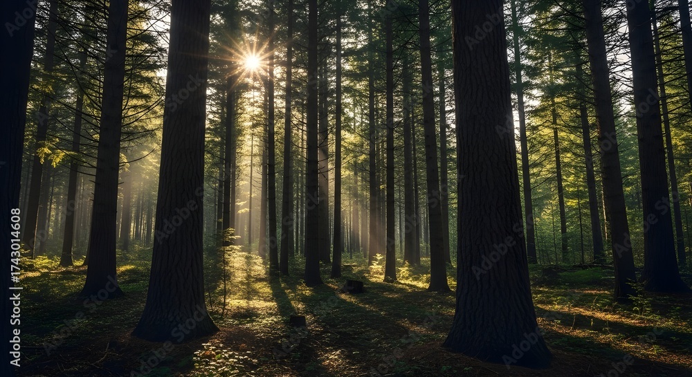Obraz premium Sunlight streaming through tall trees in a deep forest isolated PNG with Transparent Background