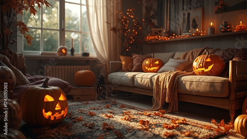 Cozy Living Room Decorated for Halloween with Glowing Pumpkins and Autumn Leaves