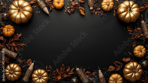 Golden pumpkins and autumn leaves frame a dark backdrop, perfect for seasonal celebrations and decorative themes
