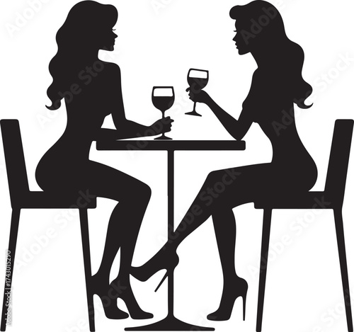 Two women silhouettes drinking wine at a table glasses