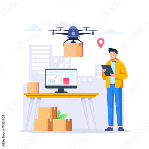 Drone delivery, smart logistics concept. Manager controls cardboard packages delivered by copters, aerial robots.