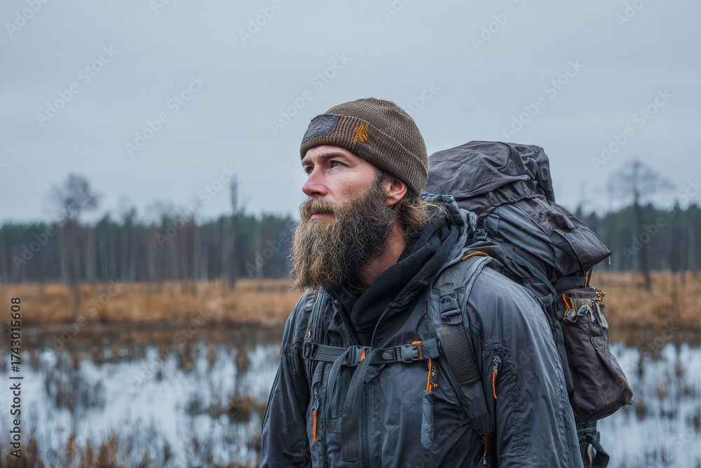 Obraz premium Attractive bearded man trekking through wetlands and appreciating the scenery Outdoor adventure and fishing idea