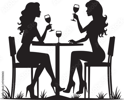 Two women silhouettes drinking wine at a table outdoors