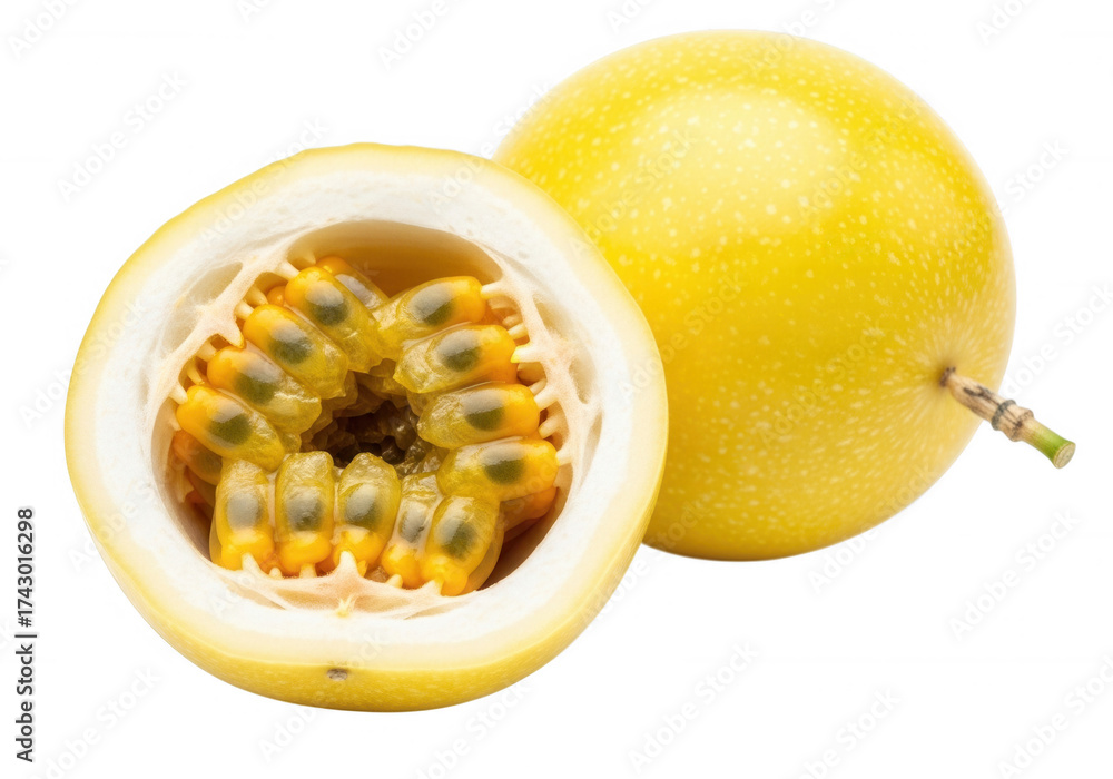 Naklejka premium Yellow passion fruit cut open isolated on a transparent background