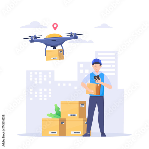 Drone delivery, smart logistics concept. Manager controls cardboard packages delivered by copters, aerial robots.