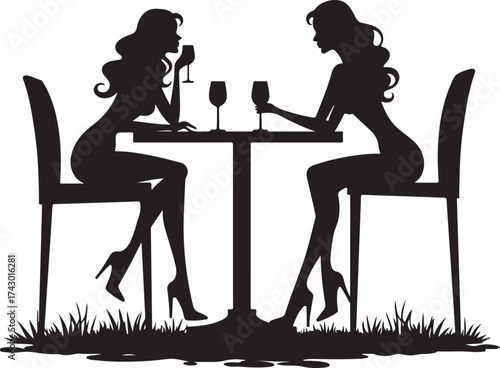 Two women silhouettes drinking wine at a table outdoors