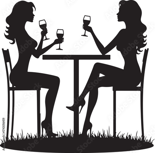 Two women silhouettes drinking wine at a table vector