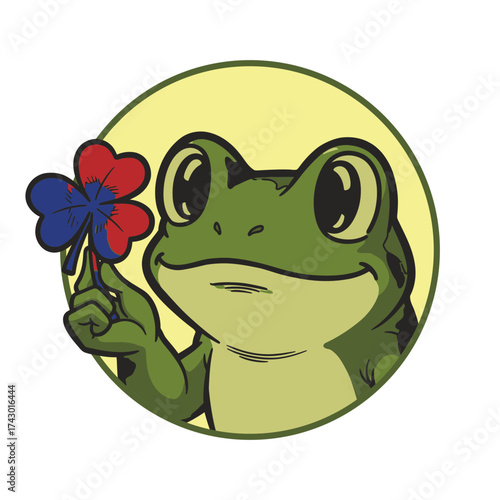 Cute cartoon frog holding a four-leaf clover, a symbol of good luck, illustration