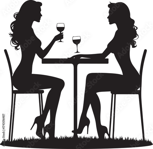 Two women silhouettes drinking wine at a table vector