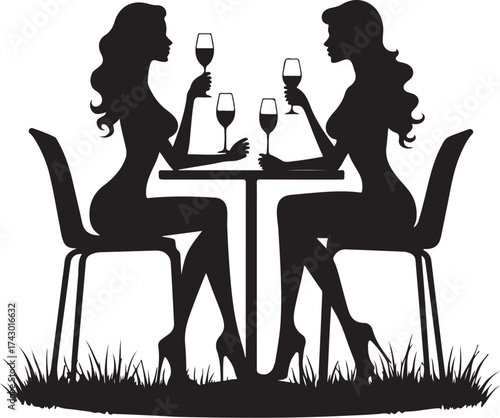 Two women silhouettes drinking wine at a table with grass