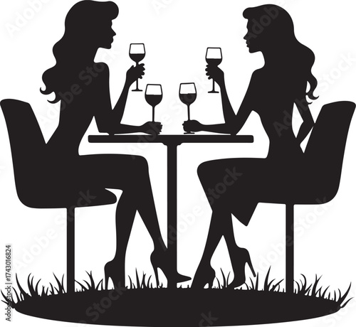 Two women silhouettes drinking wine at a table with grass