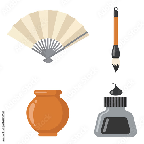 Traditional Japanese art fan, brush, ink pot, and vase.
