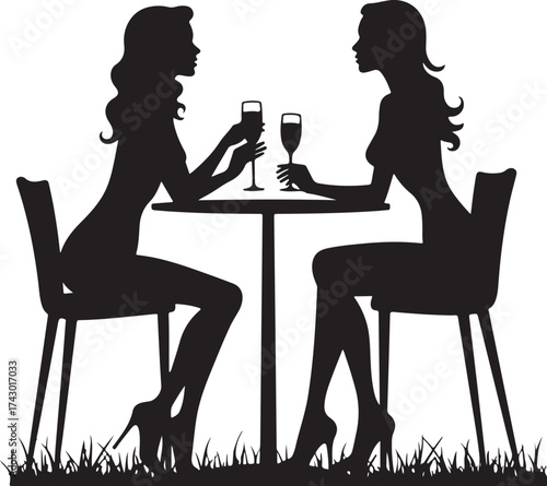 Two women silhouettes sitting at a table with drinks