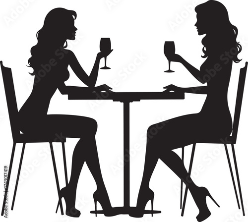 Two women silhouettes sitting at a table with wine glasses