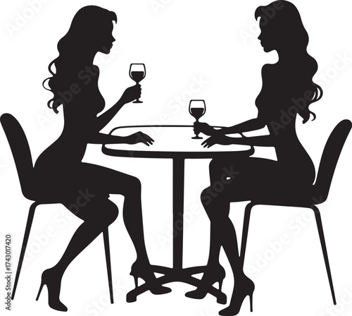 Two women silhouettes sitting at a table with wine glasses
