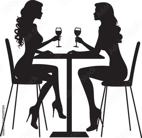 Two women silhouettes sitting at a table with wine glasses