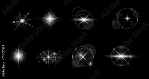 Glow light effect set, lens flare, explosion, glitter, line, sun flash, spark and star. Glowing light bursts with sparkles. lighting flare and white stars.
