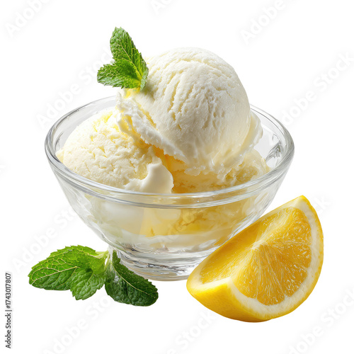 Refreshing lemon ice cream with mint and fresh lemon slice