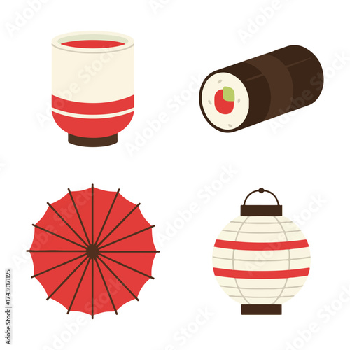 A collection of Japanese cultural icons including a tea cup, sushi roll, umbrella, and lantern.