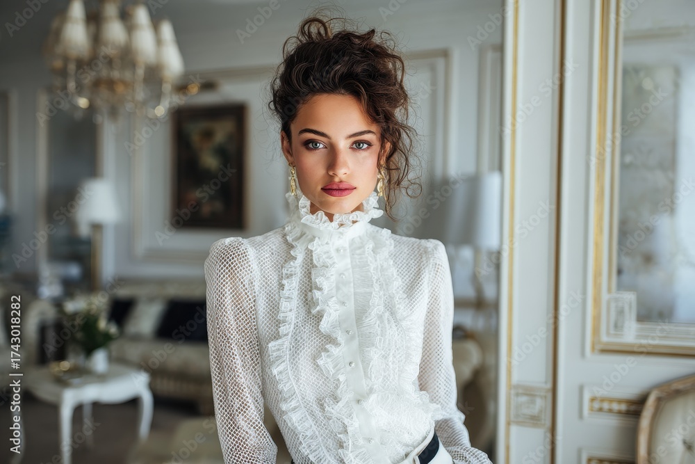 Fototapeta premium Image of a beautiful young woman in a white ruffled top posed in an elegantly furnished living room Fashion photograph