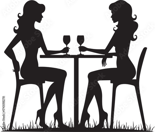 Two women silhouettes sitting at a table with wine glasses