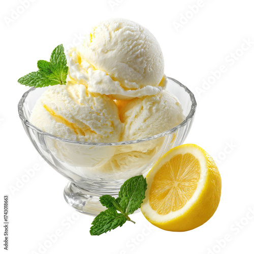 Refreshing lemon ice cream with mint and fresh lemon slice