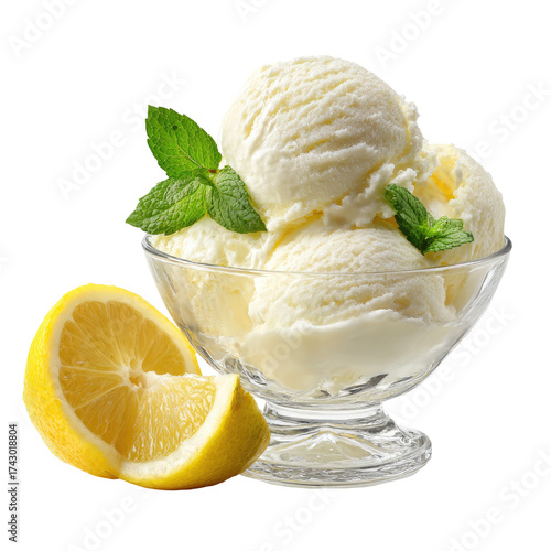 Refreshing lemon ice cream with mint and fresh lemon slice