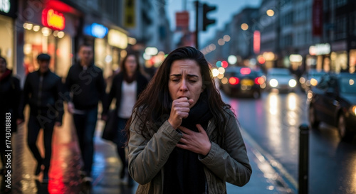 Woman coughing on city street during winter evening with blurred background and traffic lights