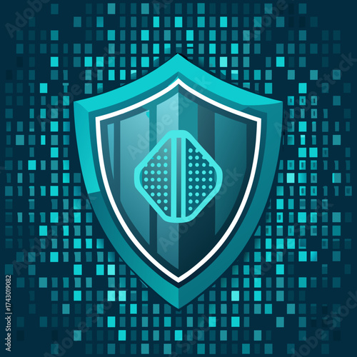 Abstract shield icon over digital binary code background, representing cybersecurity, data protection, encryption, privacy, firewall, and online safety technology concept for secure internet networks