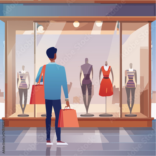 A man holding shopping bags stands looking into a brightly lit store window displaying mannequins in fashionable attire