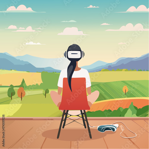 Person in VR headset experiencing nature from a chair, illustrating the blend of technology and the natural world