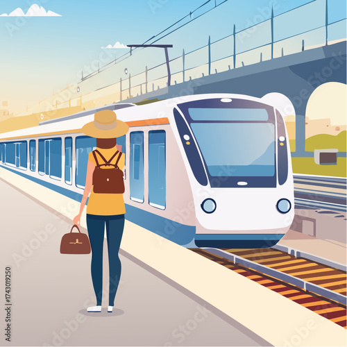Modern train station with a traveler waiting on the platform for departure, featuring a minimalist flat vector illustration style