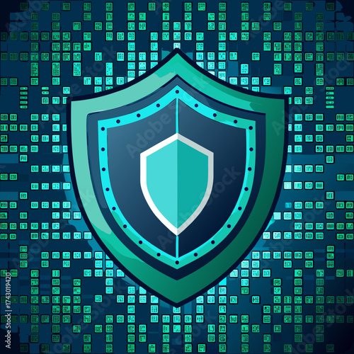 Abstract shield icon over digital binary code background, representing cybersecurity, data protection, encryption, privacy, firewall, and online safety technology concept for secure internet networks