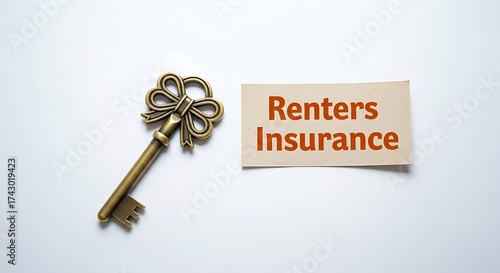 Vintage ornate brass key and a piece of paper with the words renters insurance isolated on white background