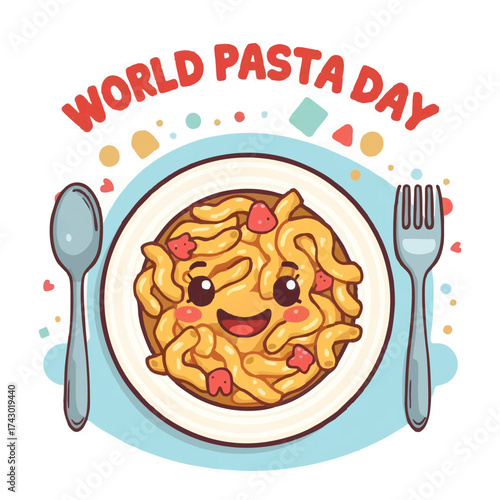 vector illustration of pasta and macaroni served together on a plate with a spoon and fork, decorated with the text  "WORLD PASTA DAY"
