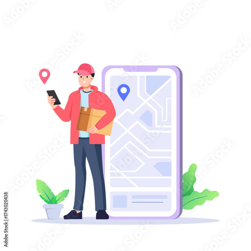 Smiling delivery person holds packages while checking smartphone, representing modern logistics and efficient service.