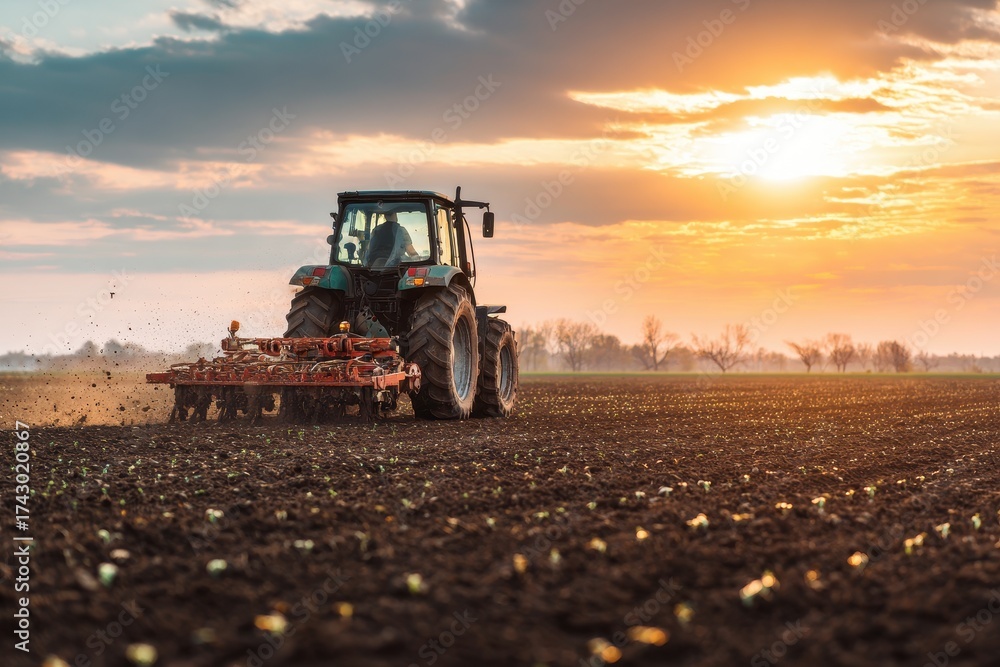 Fototapeta premium Agriculturalist using a tractor to plant crops on rich soil illustrating contemporary farming