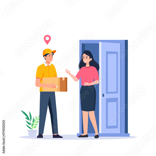 Delivery man handing a package to a woman standing by a door frame