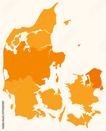 Map of Denmark with regions. Just a simple country border map with region division. Orange color palette. Blank Denmark shape with administrative division. Vector illustration.