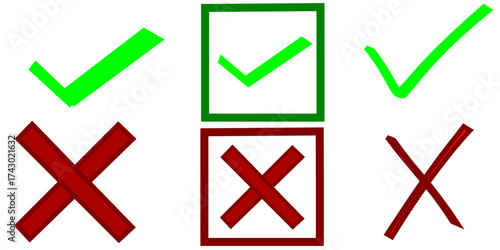 Check mark icon set. Check box icon with right and wrong buttons and yes or no checkmark icons in green tick box and red cross. vector illustration,Green check mark and red cross buttons