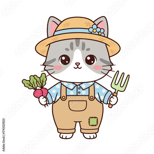 Cute Cartoon Cat Gardening Vector Illustration