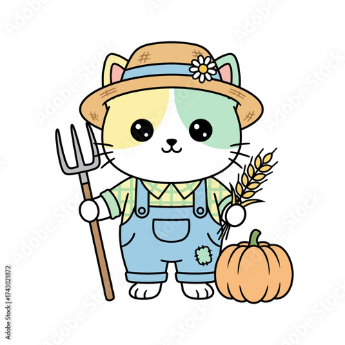 Cute Cartoon Cat Gardening Vector Illustration