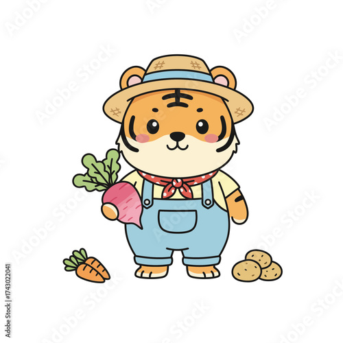 Cute Cartoon Tiger Gardening Vector Illustration