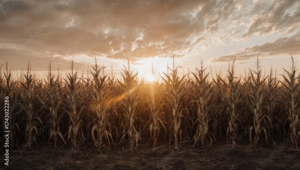 Fototapeta premium A golden sunrise backlights tall dried corn stalks in a field under a cloudy sky